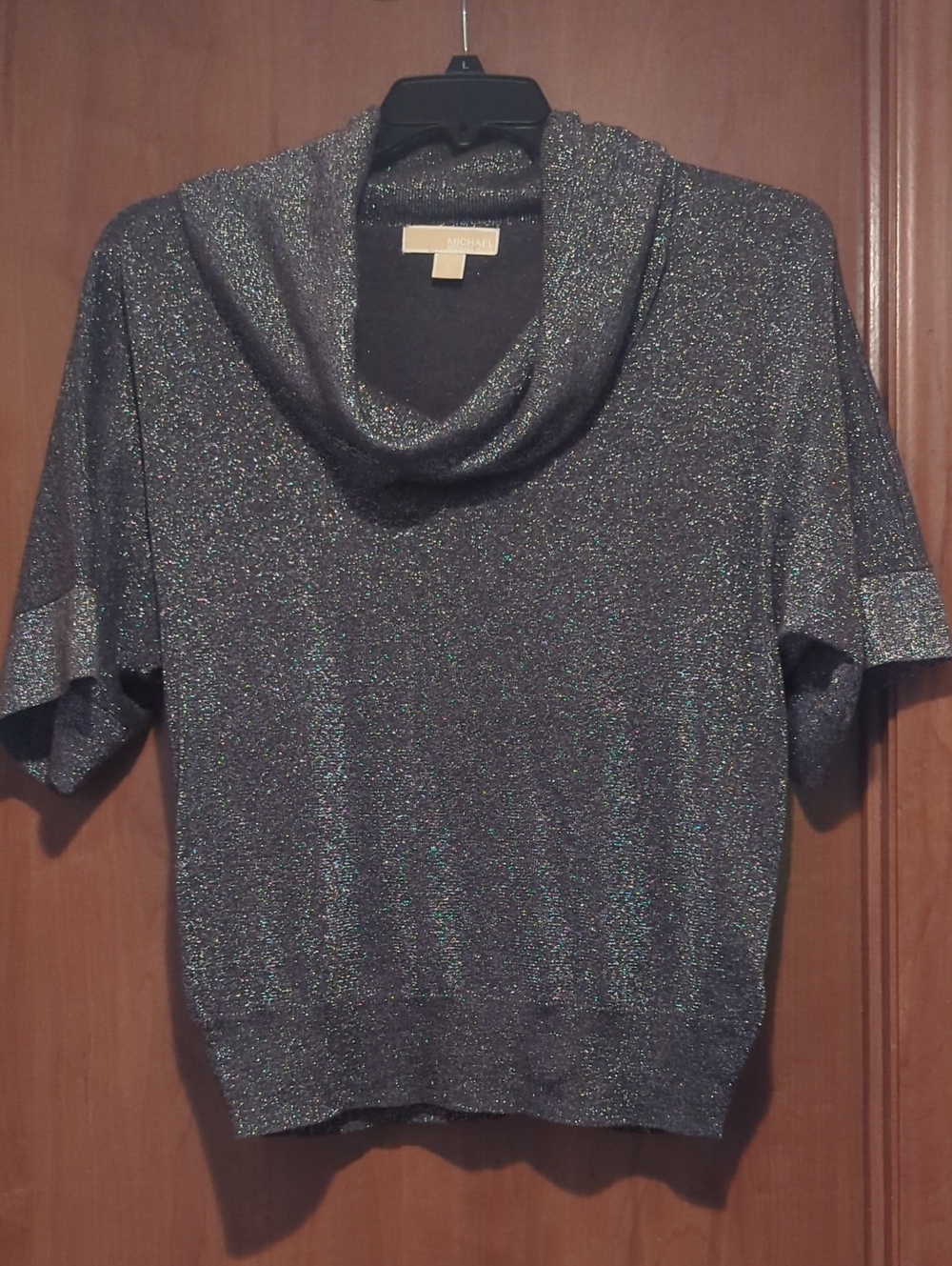 Michael Kors Silver Sparkle Cowl Neck Short-Sleeve Sweater